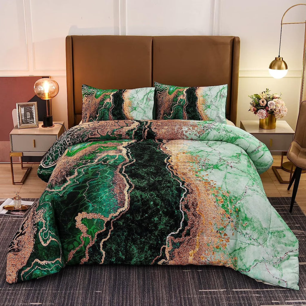 King Comforter Set Marble Printed Bedding Set Watercolor Green P610777