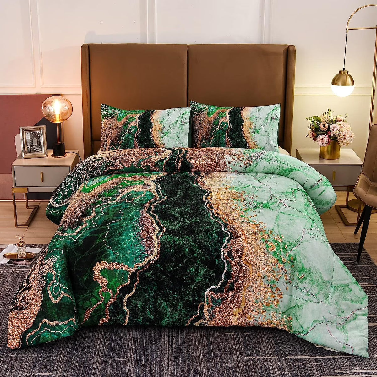 King Comforter Set Marble Printed Bedding Set Watercolor Green P610777