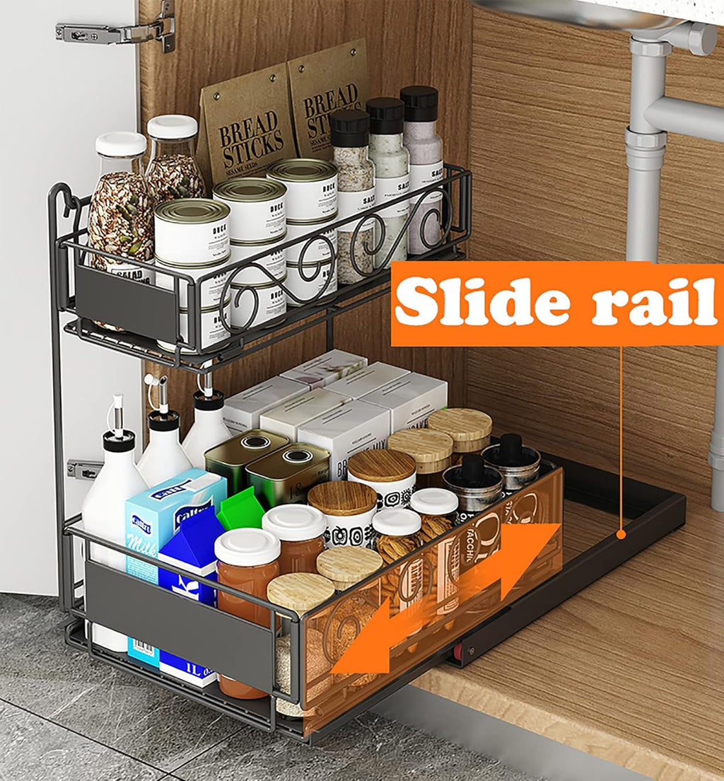 Black 2-Tier Under Sink Organizer with Sliding Drawer F73622