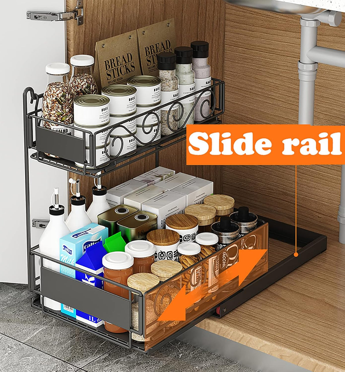 Black 2-Tier Under Sink Organizer with Sliding Drawer F73622