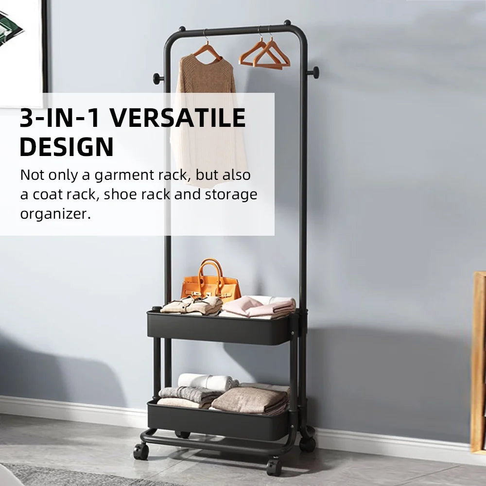 Black Movable Garment Rack with 2 Tiers Basket and 2 Side Hooks W453