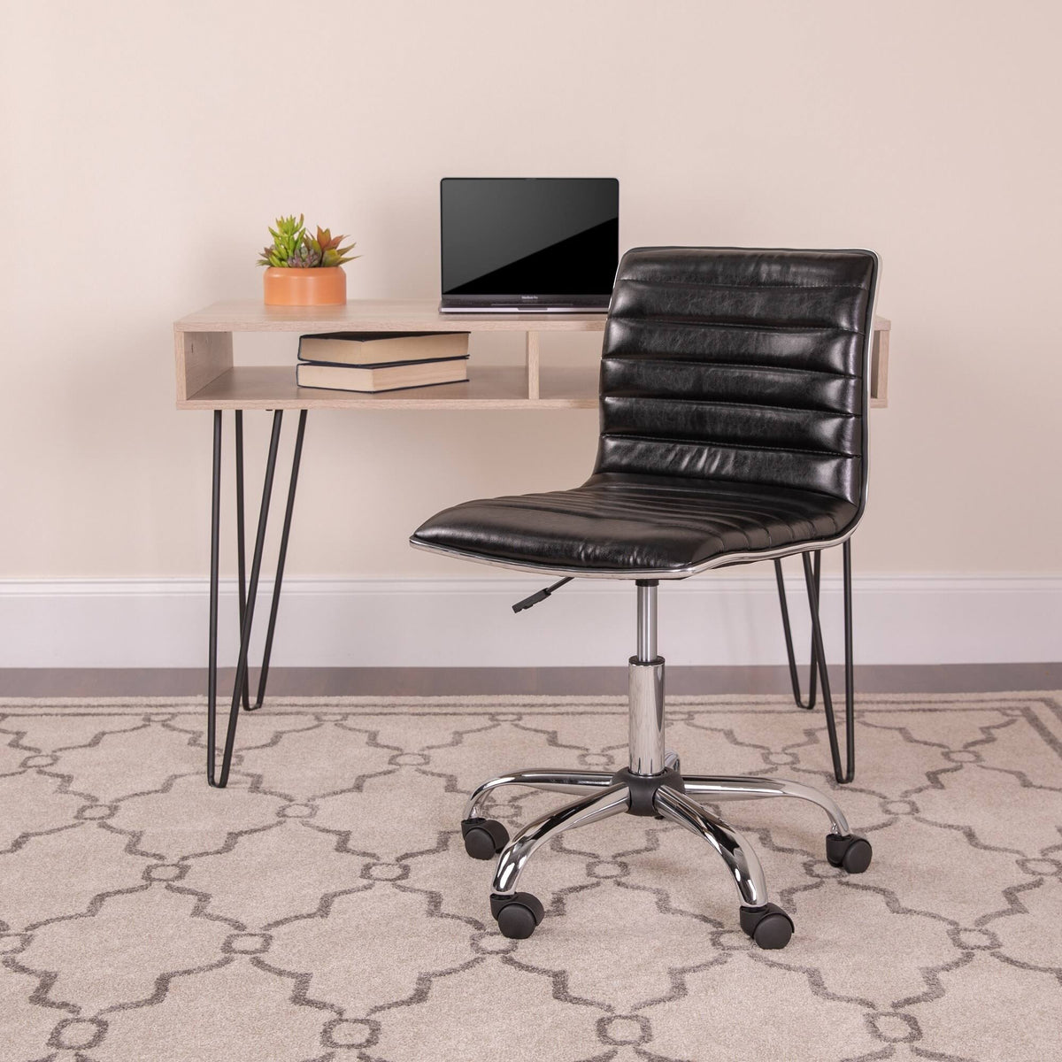Black Ribbed Low Back Armless Swivel Office Chair P960