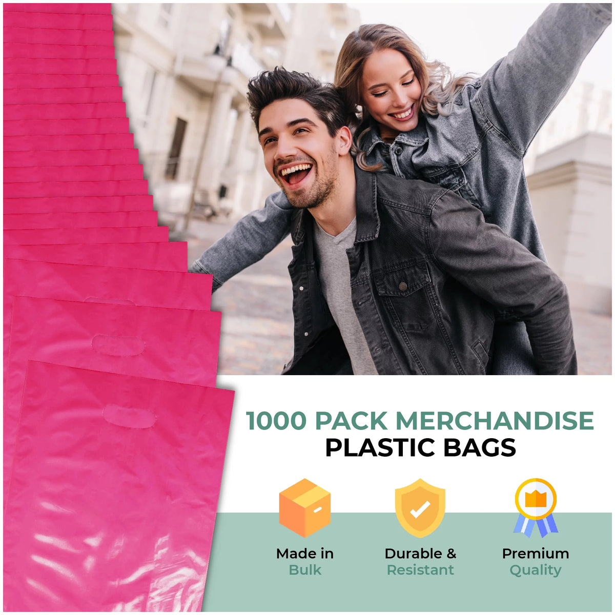 1000 Pack 9" x 12" 1.25 mil Pink Glossy Plastic Retail Bags with Die Cut Handle B693