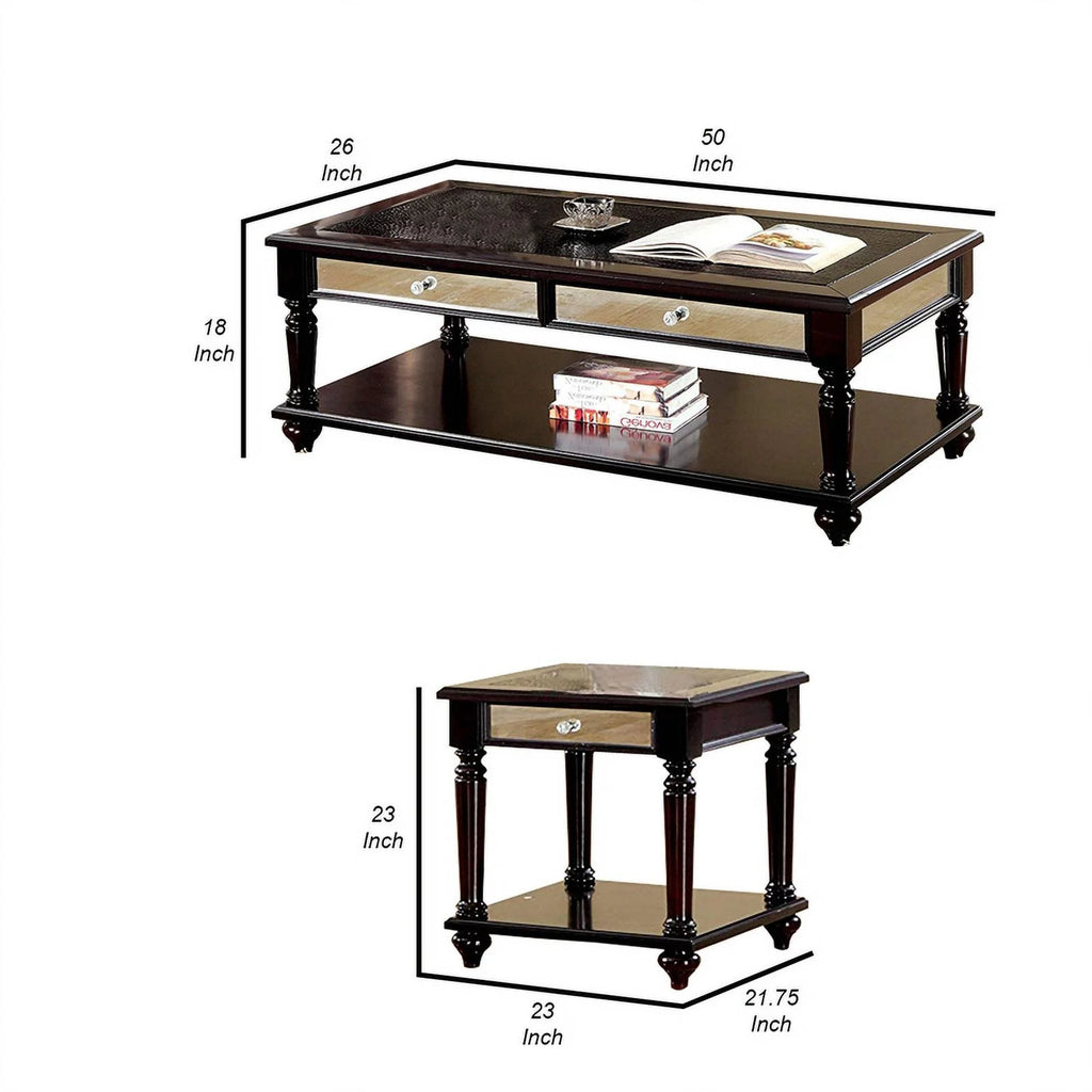 Brown Mirror Panel Coffee Table with 2 End Tables, Set of 3 F1491