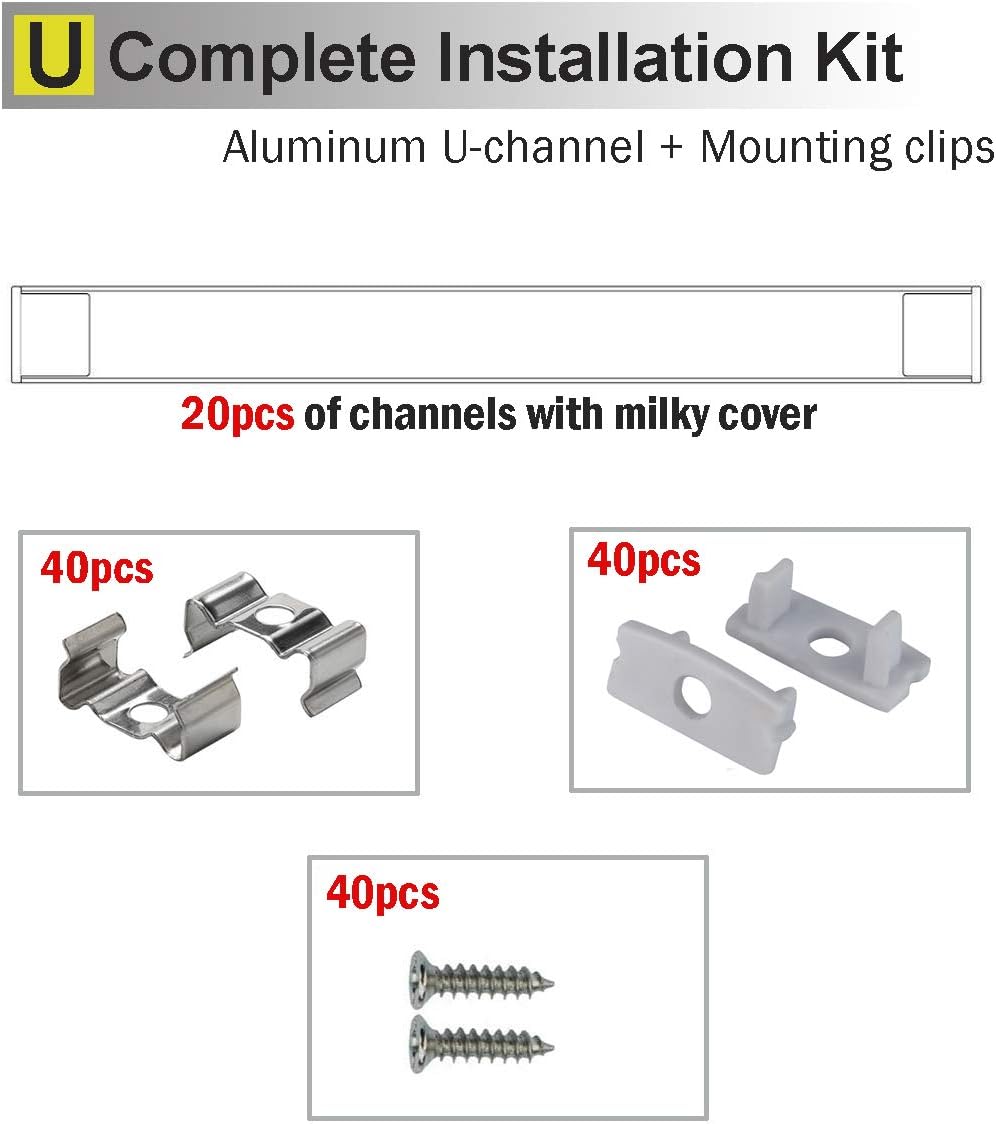 10-Pack 6.6ft U Shape LED Aluminum Channel System with Milky Cover, End Caps and Mounting Clips S758973