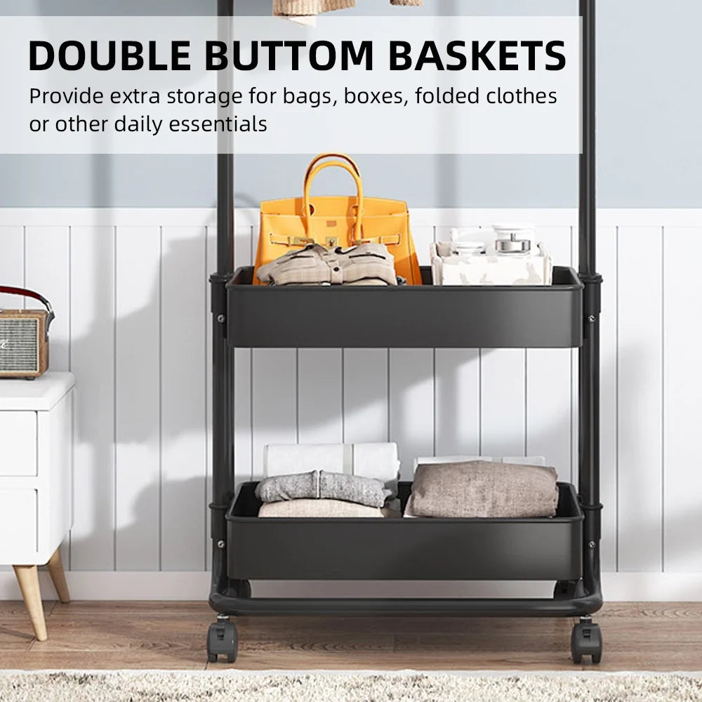 Black Movable Garment Rack with 2 Tiers Basket and 2 Side Hooks W453