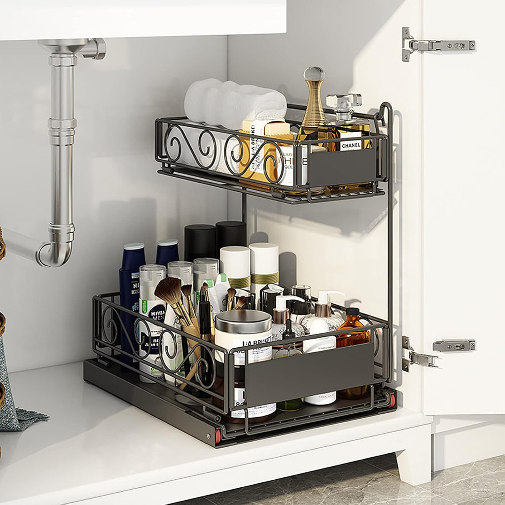 Black 2-Tier Under Sink Organizer with Sliding Drawer F73622
