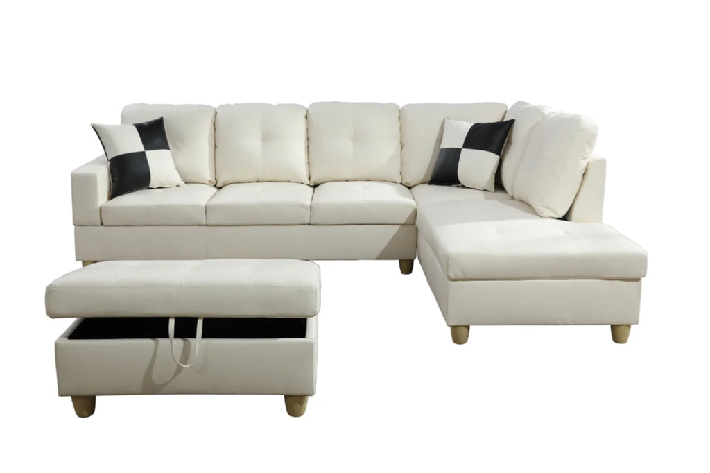 White Faux Leather Sectional with Ottoman Q849