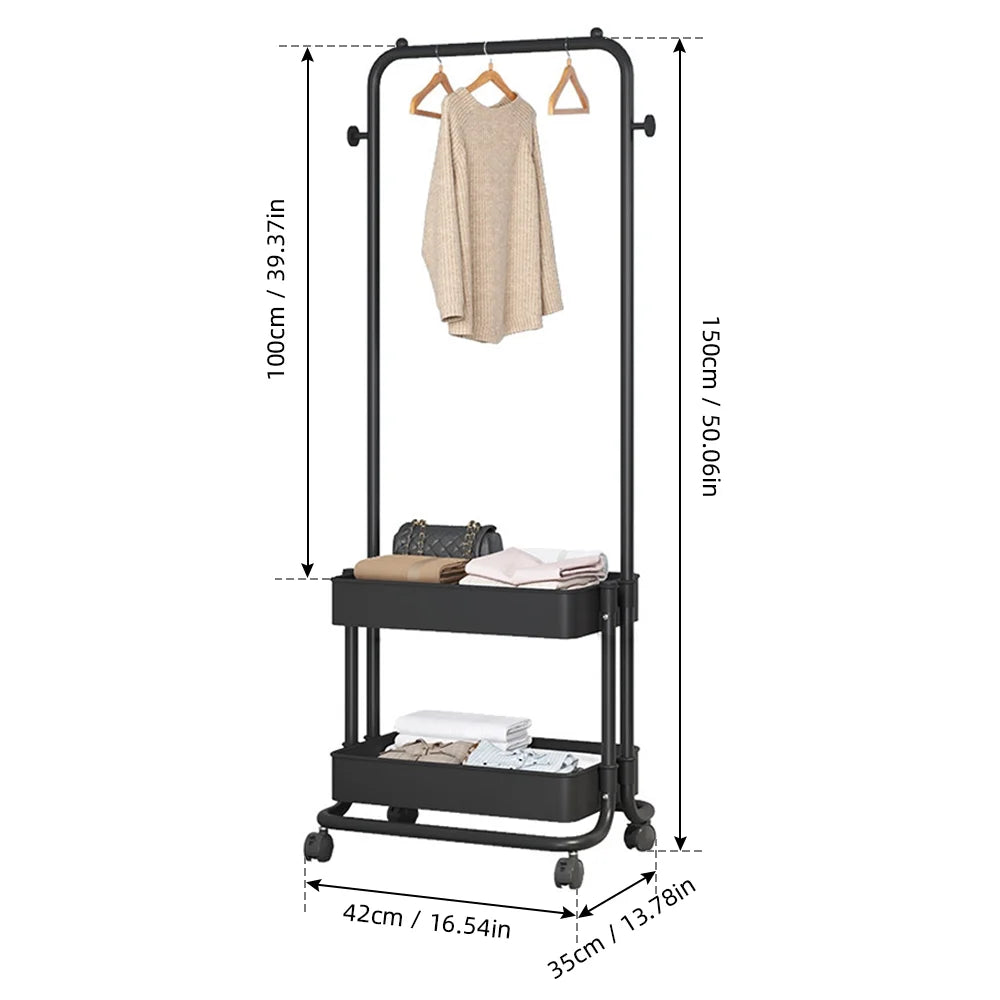 Black Movable Garment Rack with 2 Tiers Basket and 2 Side Hooks W453