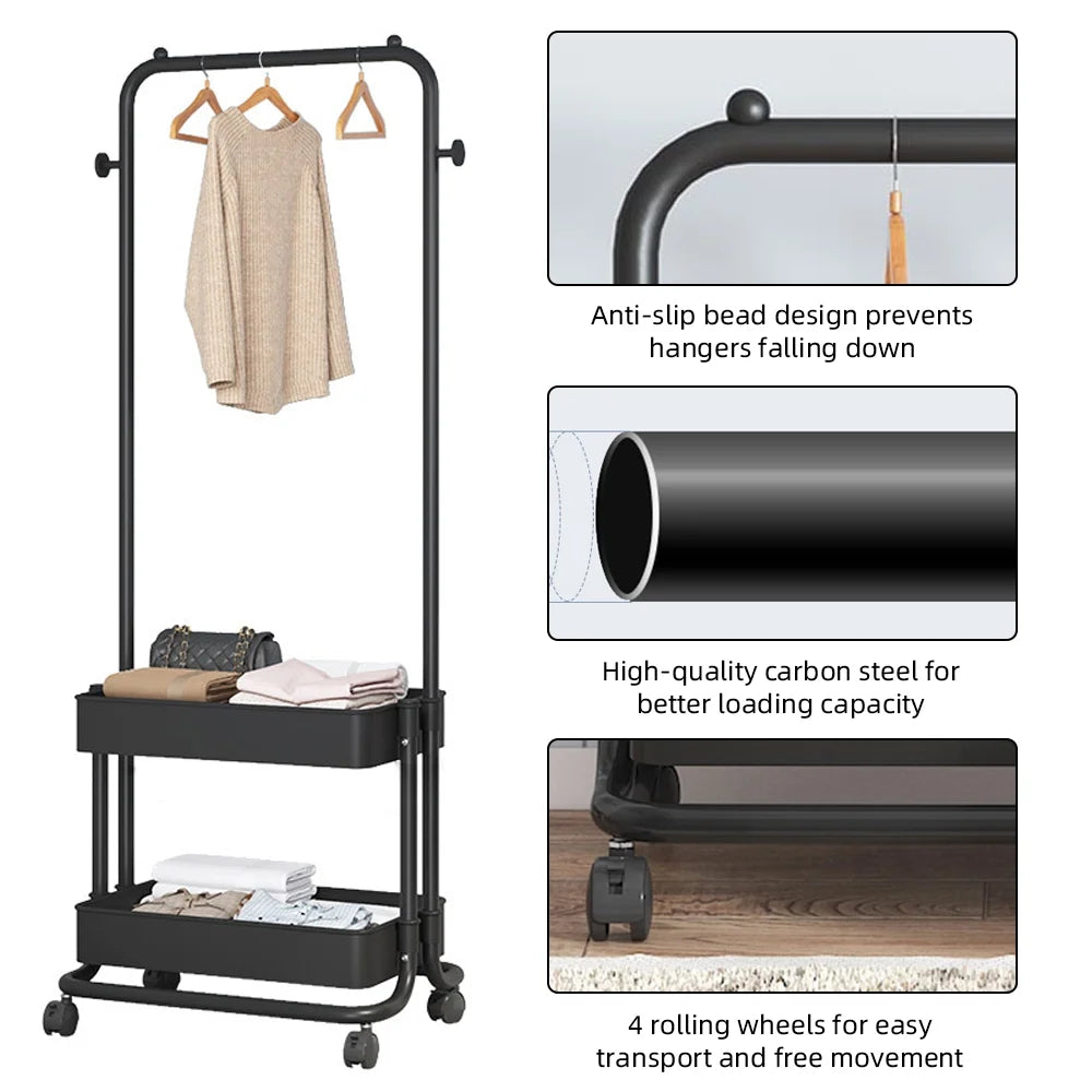 Black Movable Garment Rack with 2 Tiers Basket and 2 Side Hooks W453