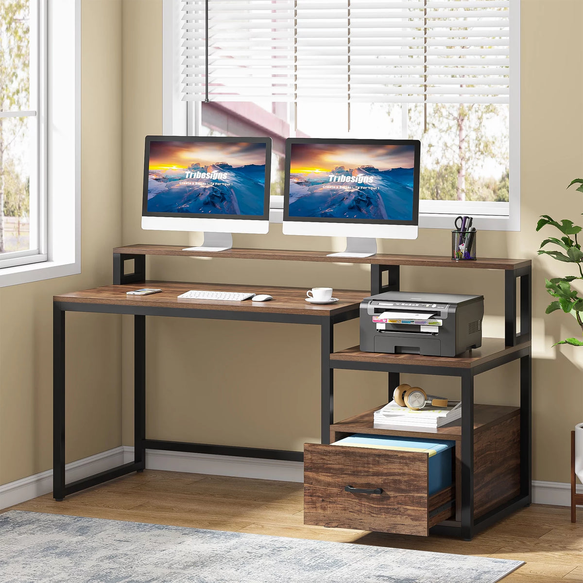 60 inch Computer Desk with File Drawer and Storage Shelves F41913