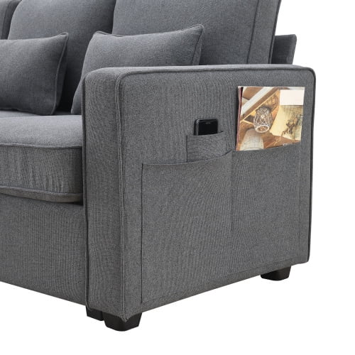 Linen Fabric Sofa with Armrest Pockets and 4 Pillows Y184114