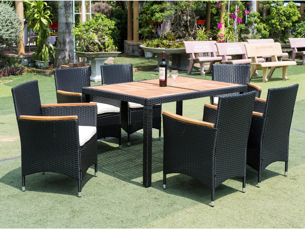 7 Piece Outdoor Patio Wicker Dining Set with Acacia Wood Top B7744