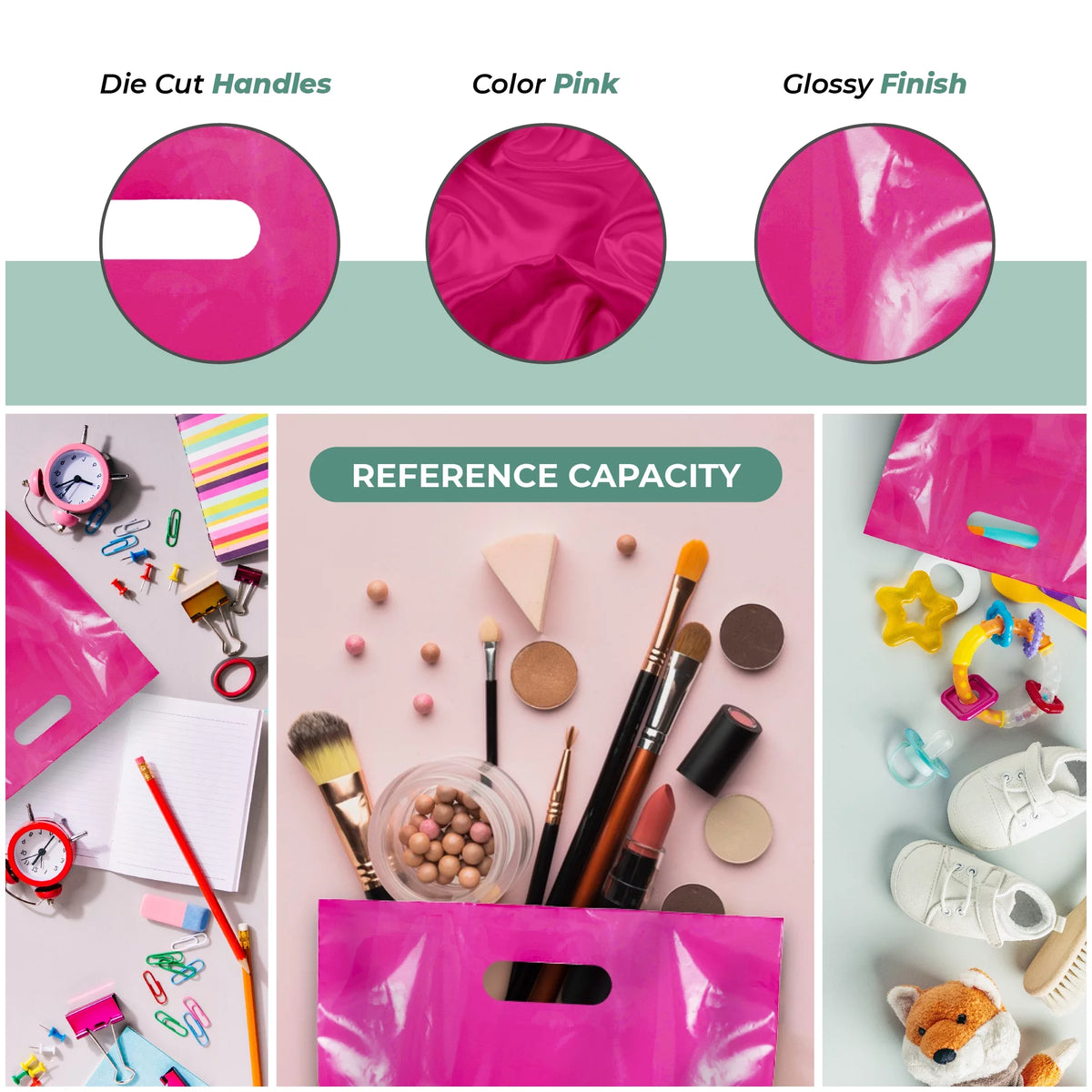 1000 Pack 9" x 12" 1.25 mil Pink Glossy Plastic Retail Bags with Die Cut Handle B693