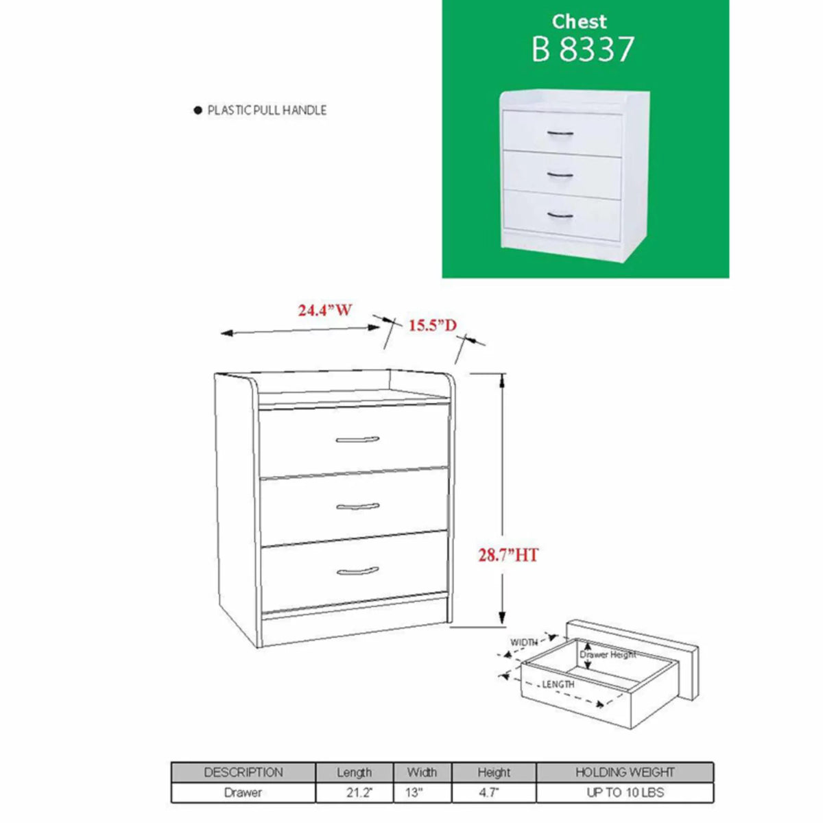 White 3 Drawer Chest S475